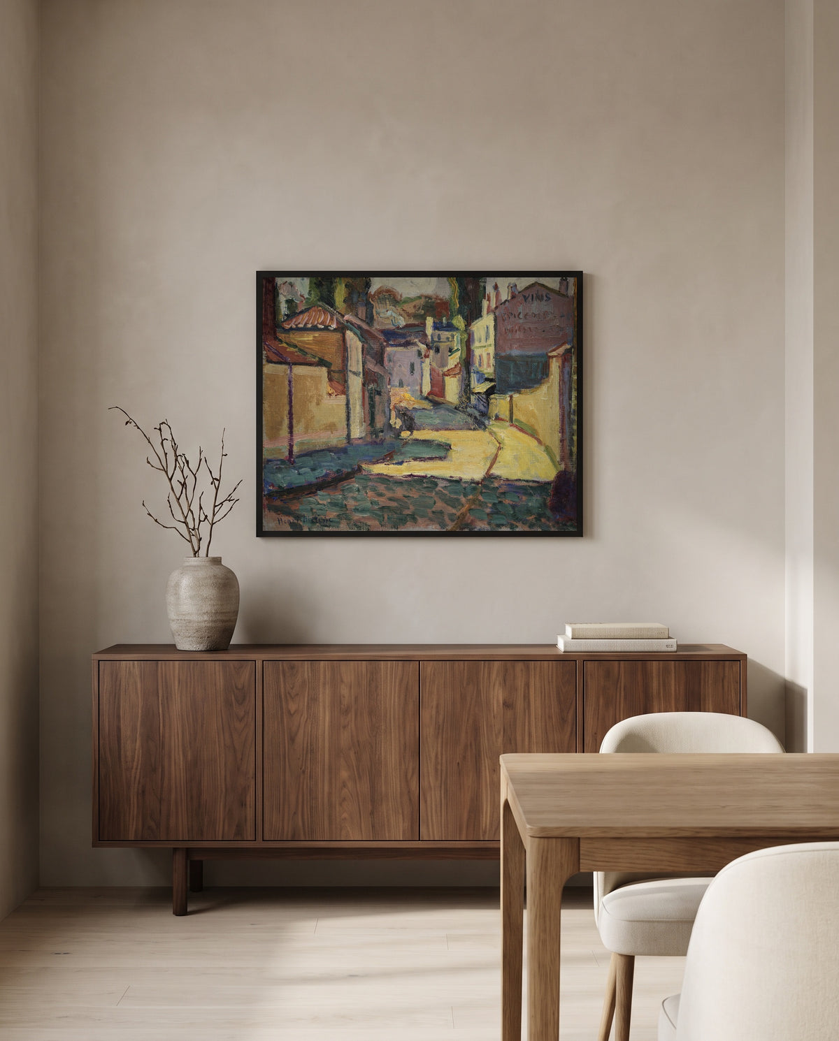 Street in Arcueil by Henri Matisse in a black frame above a walnut sideboard in a dining room