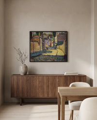 Street in Arcueil by Henri Matisse in a black frame above a walnut sideboard in a dining room
