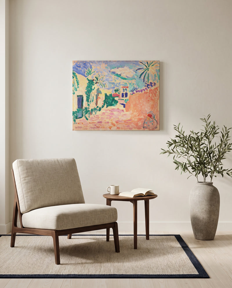 Street in Biskra by Henri Matisse as a stretched canvas above a linen lounge chair in a reading corner