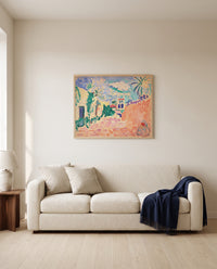 Street in Biskra by Henri Matisse framed in natural oak above a cream sofa in a warm living room