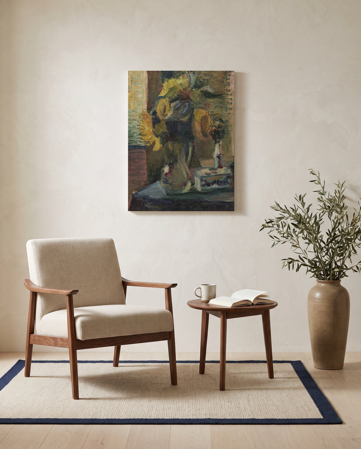 Sunflowers in a Vase by Henri Matisse as a stretched canvas above a linen lounge chair in a reading corner