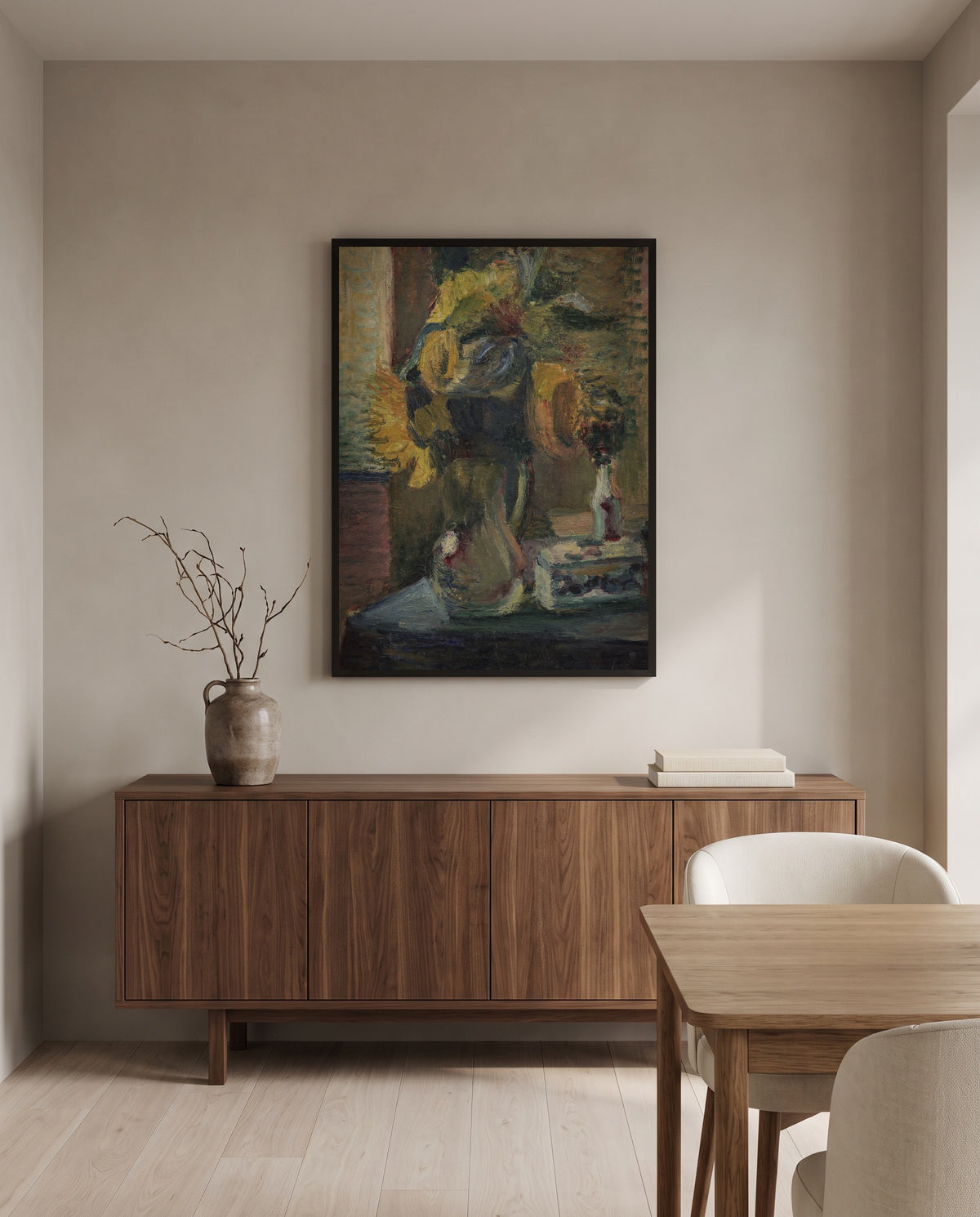 Sunflowers in a Vase by Henri Matisse in a black frame above a walnut sideboard in a dining room