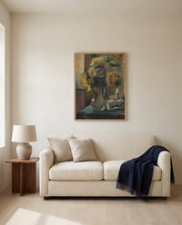 Sunflowers in a Vase by Henri Matisse framed in natural oak above a cream sofa in a warm living room