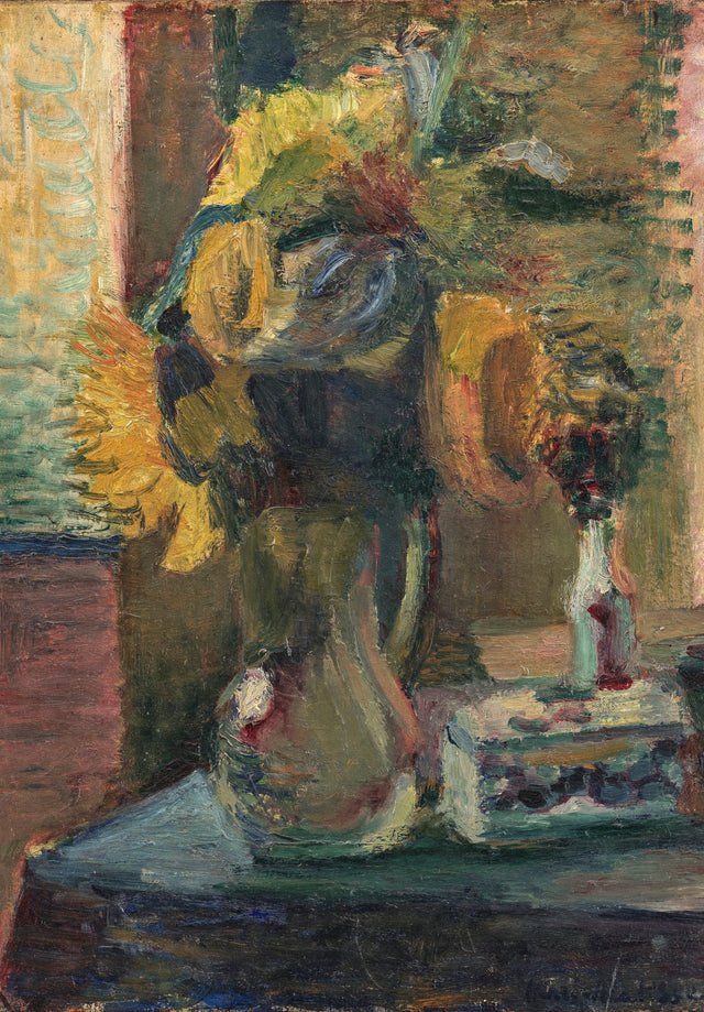 Sunflowers in a Vase by Henri Matisse: yellow sunflowers in a vase against a dark background, painted in thick strokes