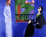 The Conversation by Henri Matisse: a man in striped pyjamas facing a seated woman in black before a blue wall and a window