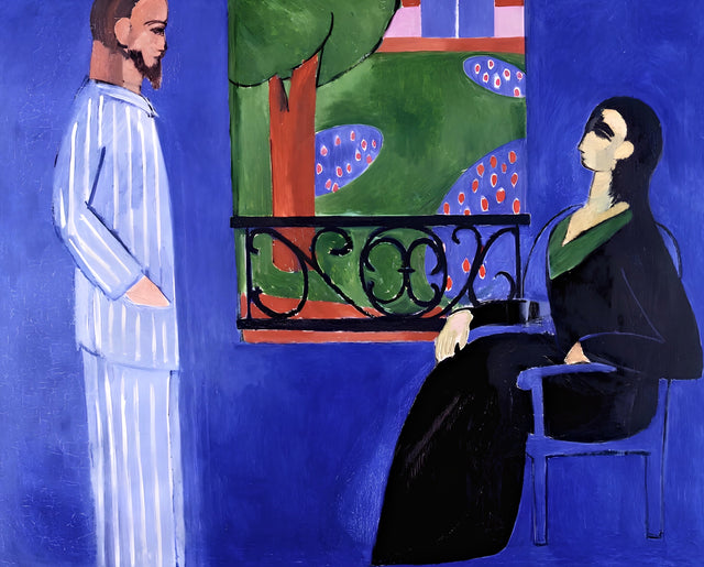 The Conversation by Henri Matisse: a man in striped pyjamas facing a seated woman in black before a blue wall and a window