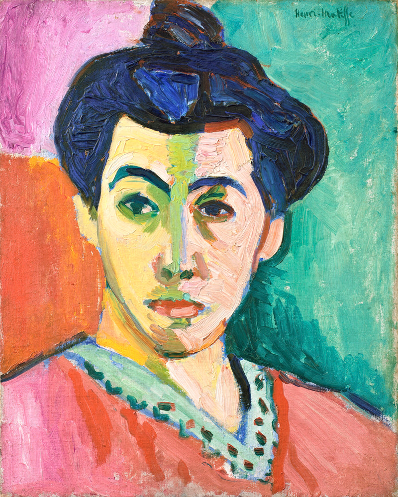 The Green Stripe by Henri Matisse: a woman with blue hair, her pink and yellow face split by a green stripe