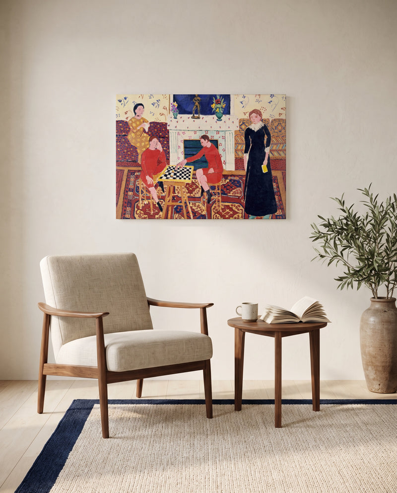 The Painter’s Family by Henri Matisse as a stretched canvas above a linen lounge chair in a reading corner