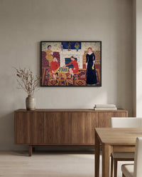 The Painter’s Family by Henri Matisse in a black frame above a walnut sideboard in a dining room