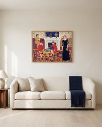 The Painter’s Family by Henri Matisse framed in natural oak above a cream sofa in a warm living room