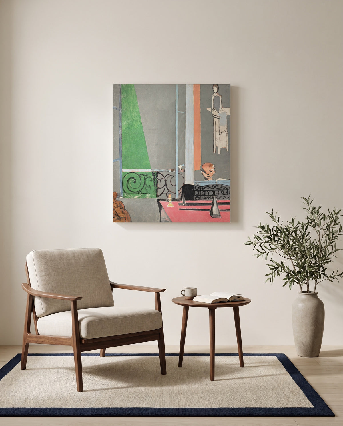 The Piano Lesson by Henri Matisse as a stretched canvas above a linen lounge chair in a reading corner