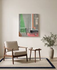 The Piano Lesson by Henri Matisse as a stretched canvas above a linen lounge chair in a reading corner
