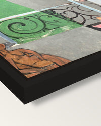 The Piano Lesson by Henri Matisse framed canvas, corner close-up: a black floating frame with a shadow gap round the canvas