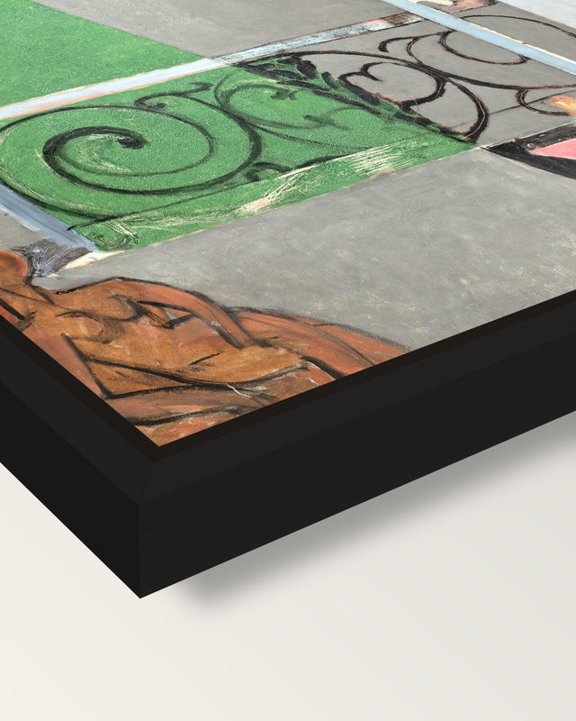 The Piano Lesson by Henri Matisse framed canvas, corner close-up: a black floating frame with a shadow gap round the canvas