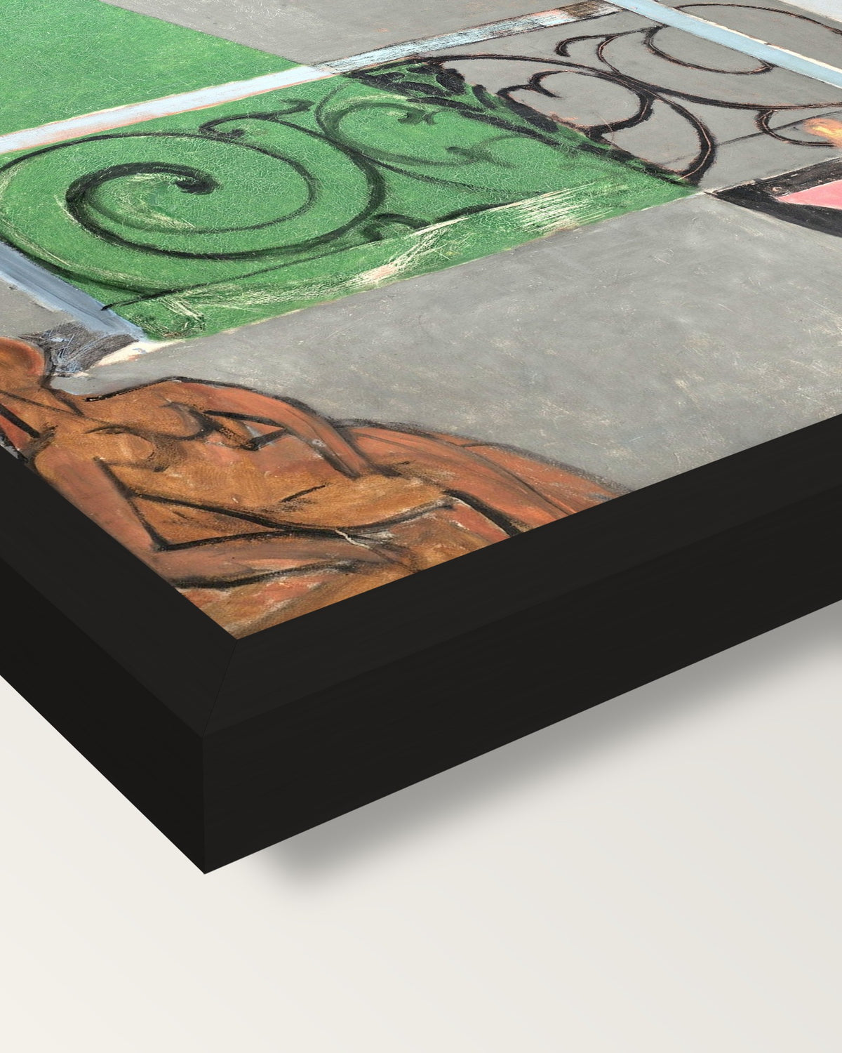 The Piano Lesson by Henri Matisse framed print, corner close-up: black moulding, mitred, the print set just below its edge