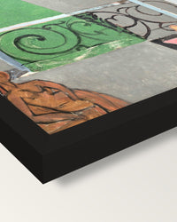 The Piano Lesson by Henri Matisse framed print, corner close-up: black moulding, mitred, the print set just below its edge