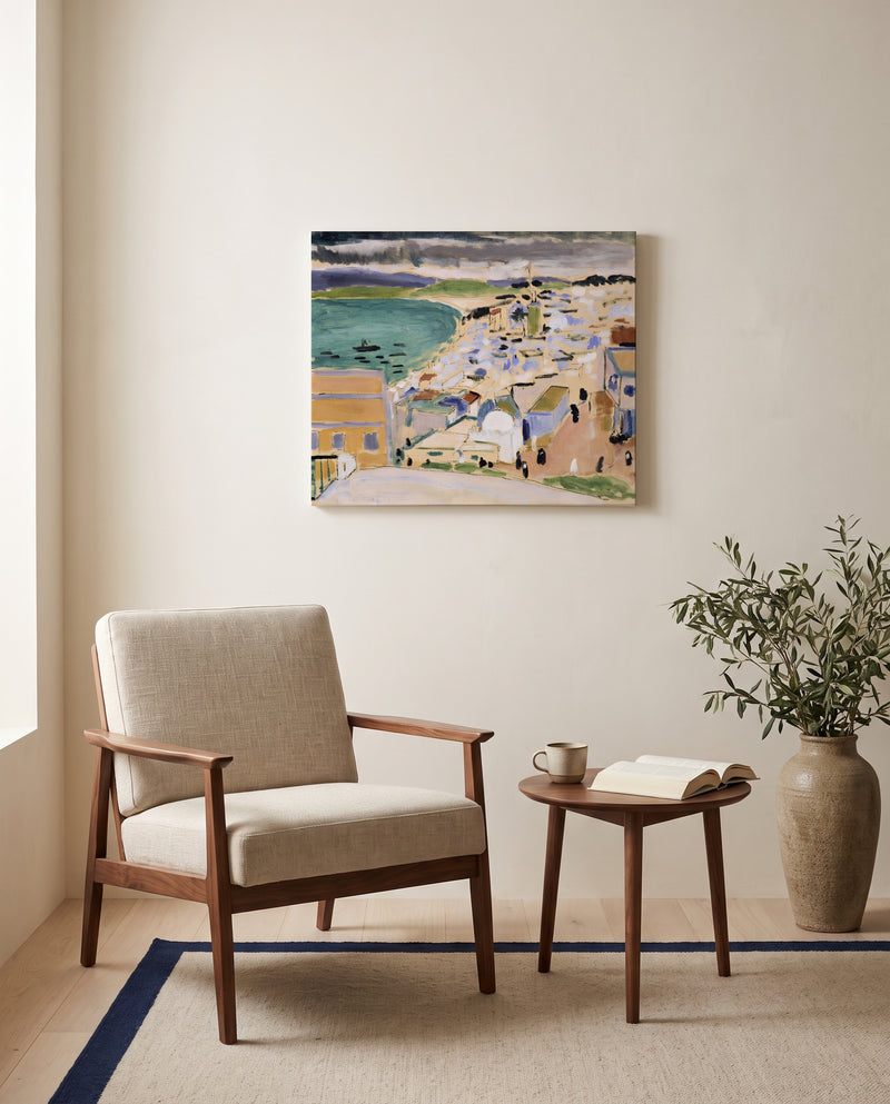 Bay of Tangier by Henri Matisse as a stretched canvas above a linen lounge chair in a reading corner