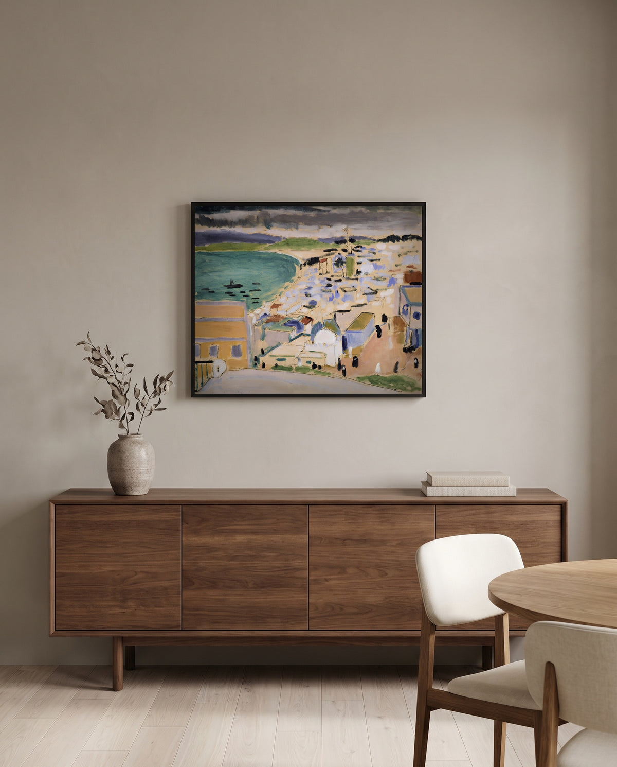 Bay of Tangier by Henri Matisse in a black frame above a walnut sideboard in a dining room