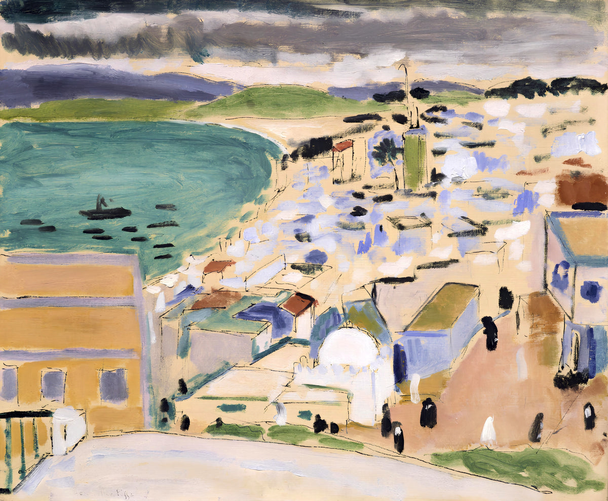 View over the Bay of Tangier by Henri Matisse: white houses tumbling down to a green bay and harbour under a grey sky