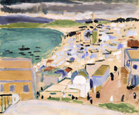 View over the Bay of Tangier by Henri Matisse: white houses tumbling down to a green bay and harbour under a grey sky