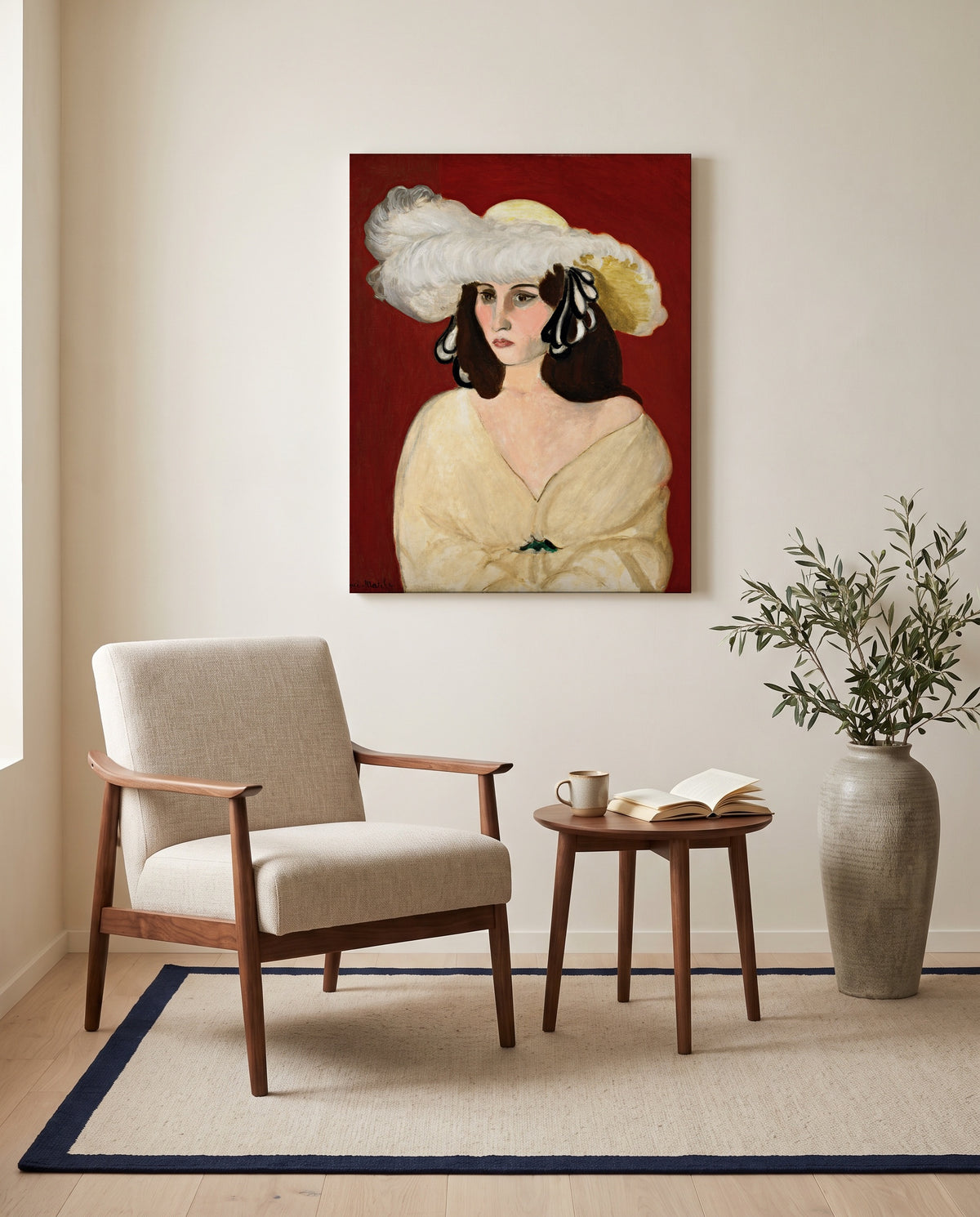 White Plumes by Henri Matisse as a stretched canvas above a linen lounge chair in a reading corner