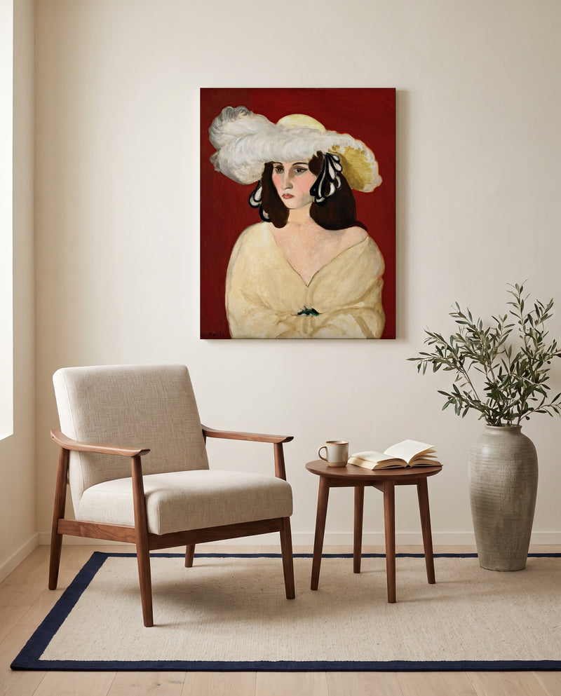 White Plumes by Henri Matisse as a stretched canvas above a linen lounge chair in a reading corner