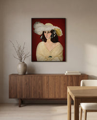 White Plumes by Henri Matisse in a black frame above a walnut sideboard in a dining room