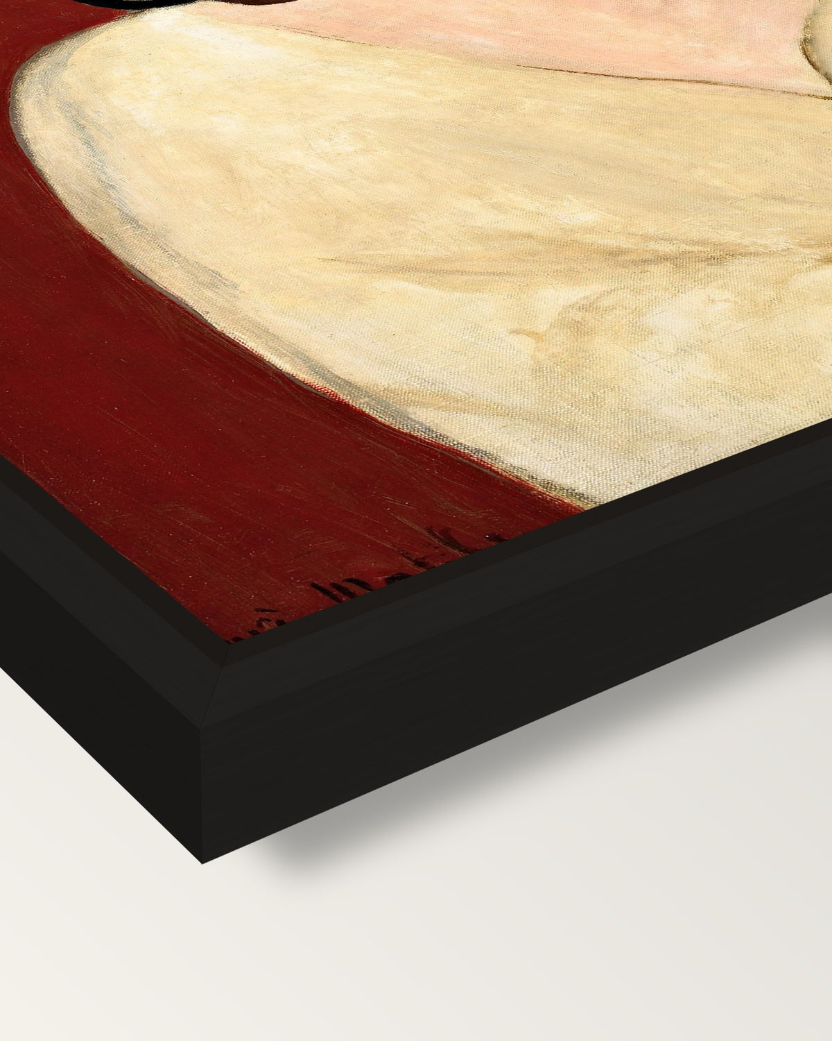 White Plumes by Henri Matisse framed canvas, corner close-up: a black floating frame with a shadow gap round the canvas
