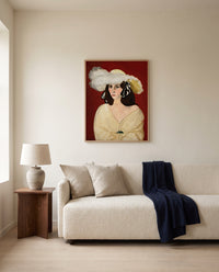 White Plumes by Henri Matisse framed in natural oak above a cream sofa in a warm living room