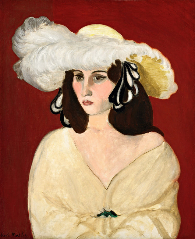 White Plumes by Henri Matisse: a young woman with dark hair in a wide hat of white feathers, on a red ground