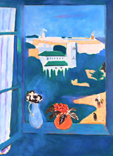 Window at Tangier by Henri Matisse: a blue window opening onto a white town and church, flowers in vases on the sill