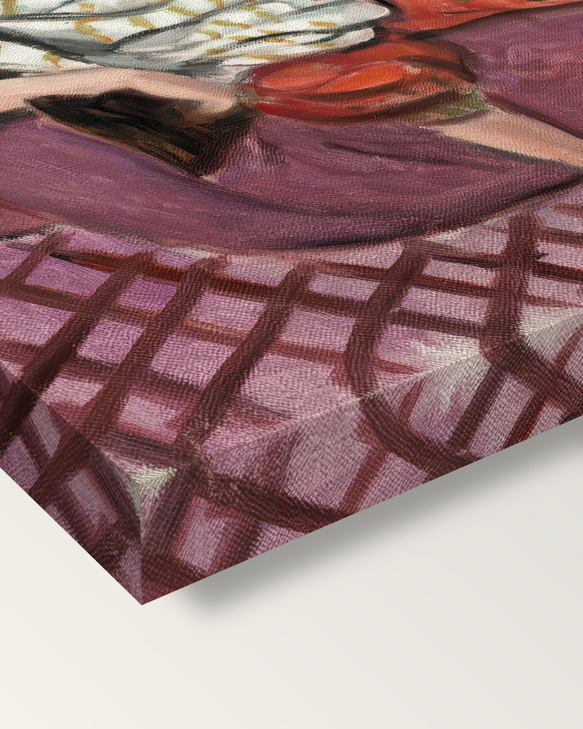 Woman on Rose Divan by Henri Matisse on stretched canvas, corner close-up: the painting mirror-wrapped round the sides