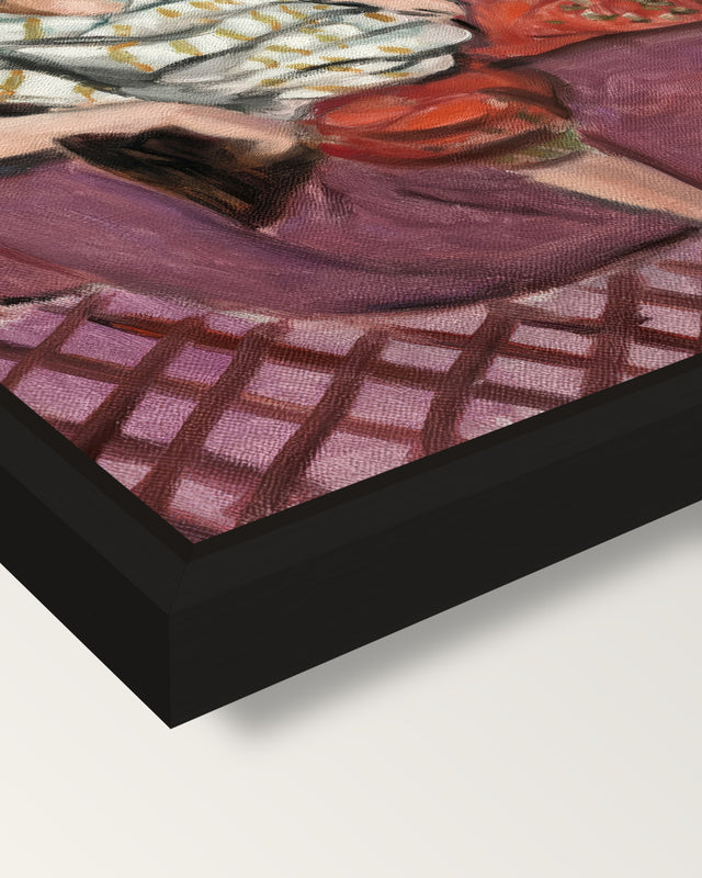 Woman on Rose Divan by Matisse framed canvas, corner close-up: a black floating frame with a shadow gap round the canvas