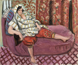 Woman on Rose Divan by Henri Matisse: a woman in a striped blouse and red trousers reclining on a pink divan against patterns