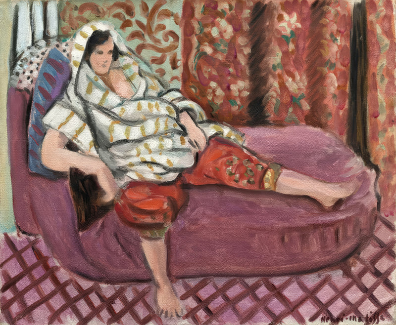 Woman on Rose Divan by Henri Matisse: a woman in a striped blouse and red trousers reclining on a pink divan against patterns