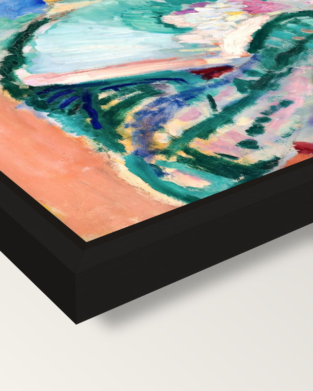Woman with a Hat by Henri Matisse framed canvas, corner close-up: a black floating frame with a shadow gap round the canvas