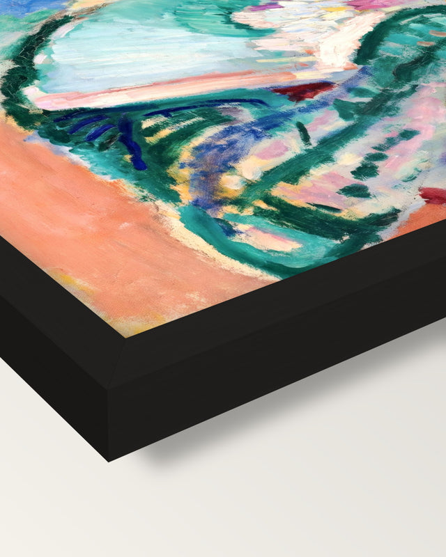 Woman with a Hat by Henri Matisse framed print, corner close-up: black moulding, mitred, the print set just below its edge