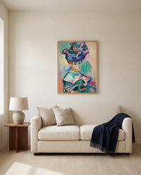 Woman with a Hat by Henri Matisse framed in natural oak above a cream sofa in a warm living room