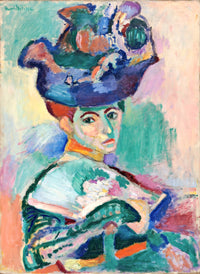 Woman with a Hat by Henri Matisse: a woman in a huge colourful hat holding a fan, in loose strokes of green, pink and blue
