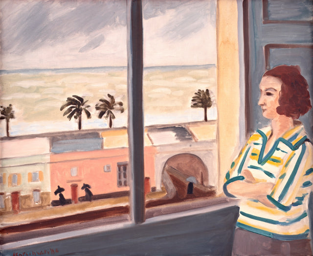 Young Woman Looking at the Sea by Henri Matisse: a woman in a striped blouse at a window, looking out at palms and sea