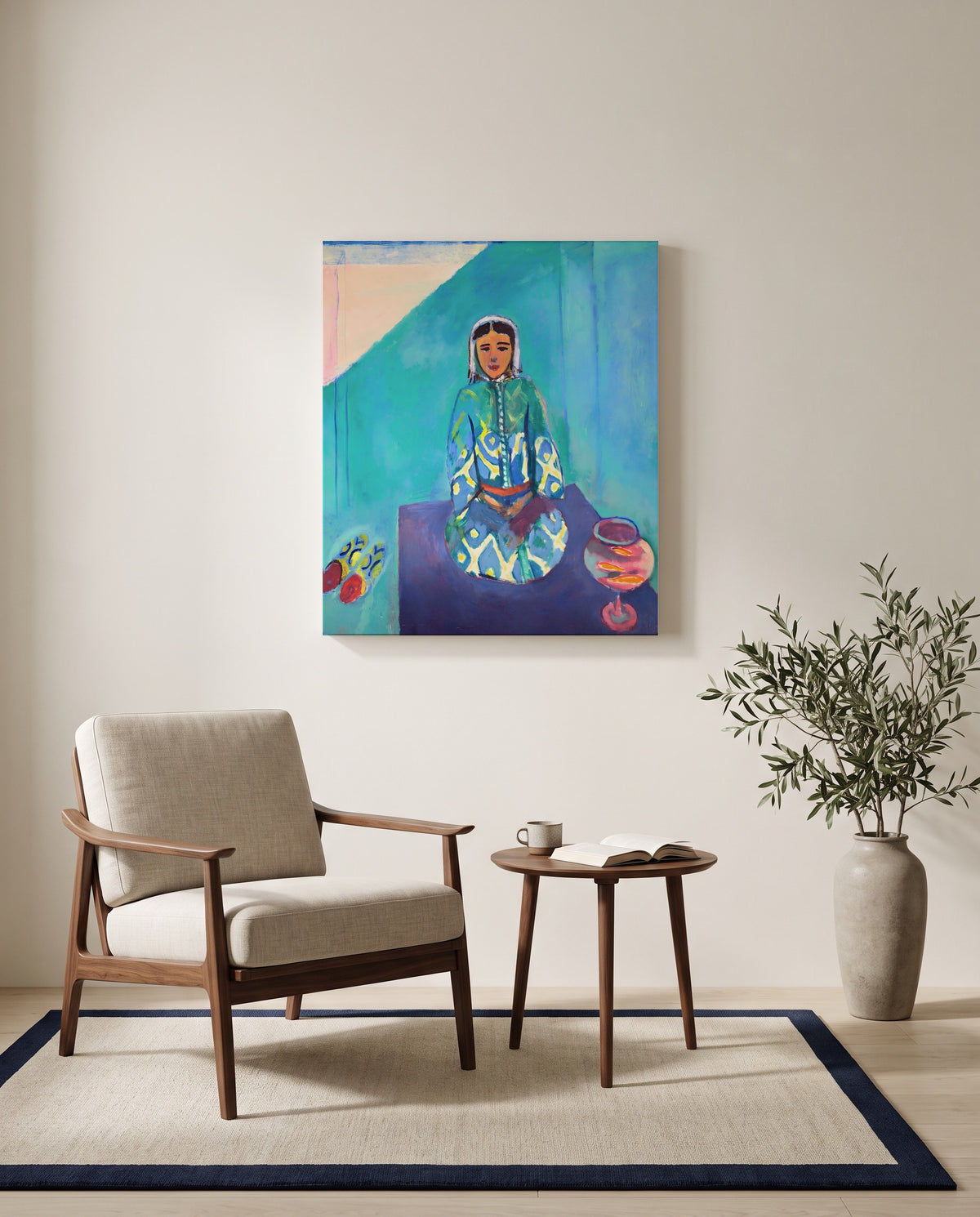 Zorah on the Terrace by Henri Matisse as a stretched canvas above a linen lounge chair in a reading corner