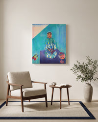Zorah on the Terrace by Henri Matisse as a stretched canvas above a linen lounge chair in a reading corner
