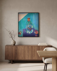 Zorah on the Terrace by Henri Matisse in a black frame above a walnut sideboard in a dining room