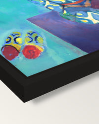 Zorah on the Terrace by Matisse framed canvas, corner close-up: a black floating frame with a shadow gap round the canvas
