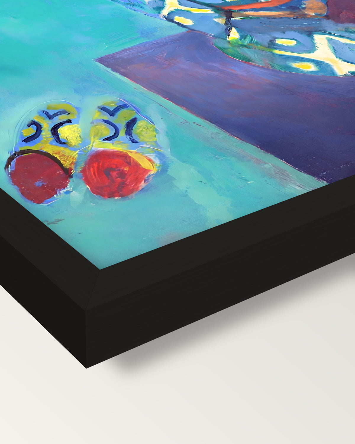 Zorah on the Terrace by Matisse framed print, corner close-up: black moulding, mitred, the print set just below its edge