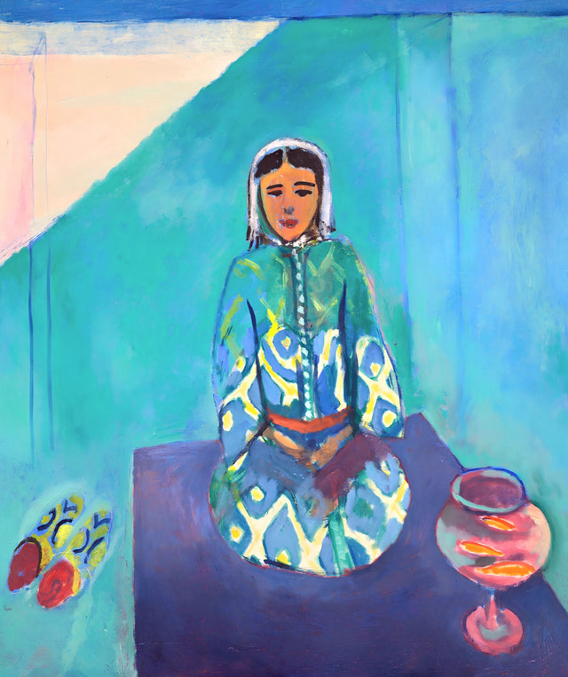 Zorah on the Terrace by Henri Matisse: a young woman in a patterned robe on a blue carpet, a goldfish bowl beside her
