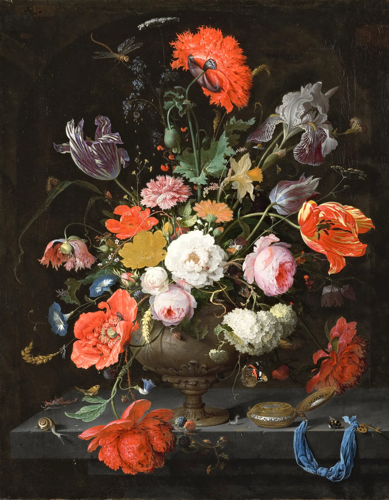 Still Life with Flowers and a Watch by Abraham Mignon: red poppies, tulips and roses in a vase beside an open gold watch