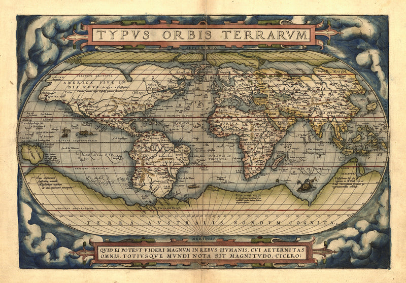 Typus Orbis Terrarum by Abraham Ortelius: an oval hand-coloured world map in a frame of clouds, a title banner at the top