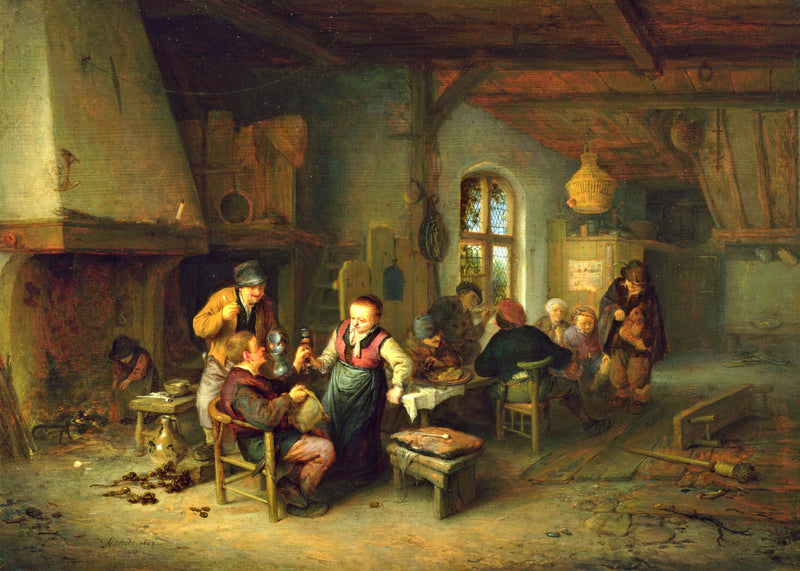 The Interior of an Inn by van Ostade: villagers drink and smoke in a dim wooden inn as a man plays a hurdy-gurdy