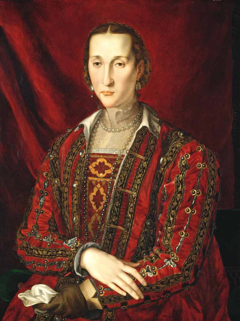 Eleonora di Toledo by Bronzino: a pale woman in a red and gold patterned gown and pearls sits before a red curtain